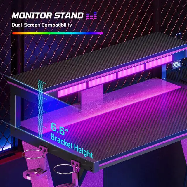 Alt view image 5 of 7 - Bestier 41.6 L Shaped Gaming Desk with LED Monitor Stand and Power Outlet, Headphone Hooks and Cup Holder, Purple Galaxy