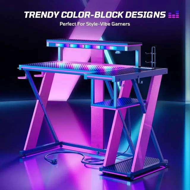 Alt view image 6 of 7 - Bestier 41.6 L Shaped Gaming Desk with LED Monitor Stand and Power Outlet, Headphone Hooks and Cup Holder, Purple Galaxy