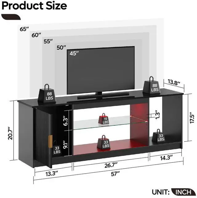 Alt view image 6 of 7 - Bestier Fluted TV Stand for TVs up to 65 inch with LED Lights, Entertainment Center with Storage Cabinet & Shelves, LOG Black Marble