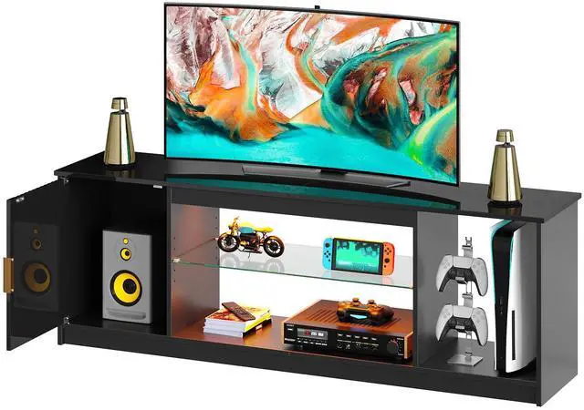 Alt view image 7 of 7 - Bestier Fluted TV Stand for TVs up to 65 inch with LED Lights, Entertainment Center with Storage Cabinet & Shelves, LOG Black Marble