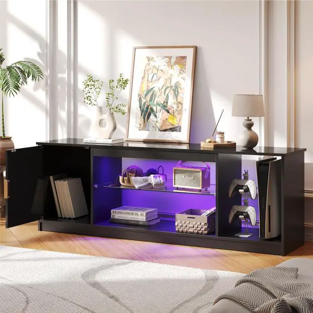 Alt view image 3 of 7 - Bestier Fluted TV Stand for TVs up to 65 inch with LED Lights, Entertainment Center with Storage Cabinet & Shelves, LOG Black Marble