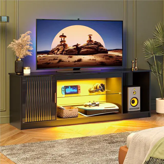 Alt view image 2 of 7 - Bestier Fluted TV Stand for TVs up to 65 inch with LED Lights, Entertainment Center with Storage Cabinet & Shelves, LOG Black Marble