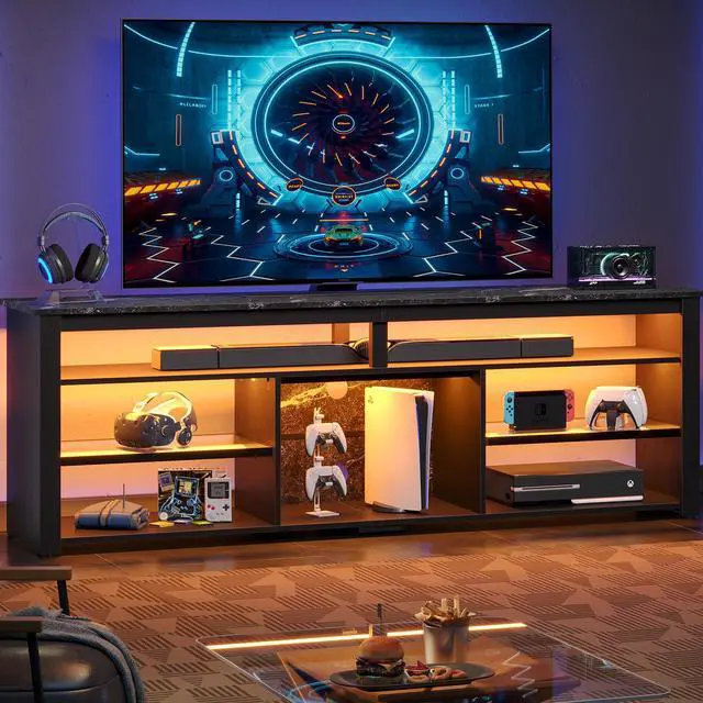 Alt view image 3 of 7 - Bestier Tall LED TV Stand for 70/75/80 inch TV, Modern Black Marble Entertainment Center with Storage for PS5, Gaming Console for Gaming Room, Living Room & Bedroom