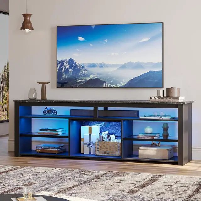 Alt view image 4 of 7 - Bestier Tall LED TV Stand for 70/75/80 inch TV, Modern Black Marble Entertainment Center with Storage for PS5, Gaming Console for Gaming Room, Living Room & Bedroom