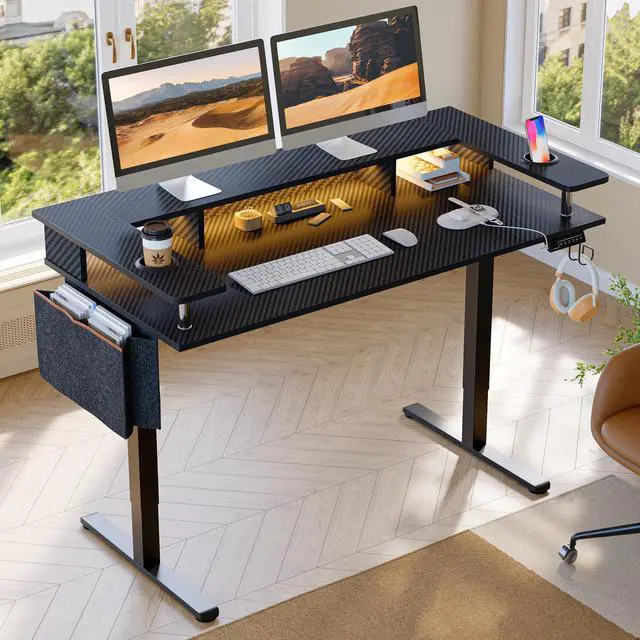 Main image of Bestier LED Electric Standing Desk Adjustable Height, 58x26 Inch Large Sit Stand Desk with Monitor Stand, Ergonomic Rising Office Workstation, Headphone Hook & Storage Bag