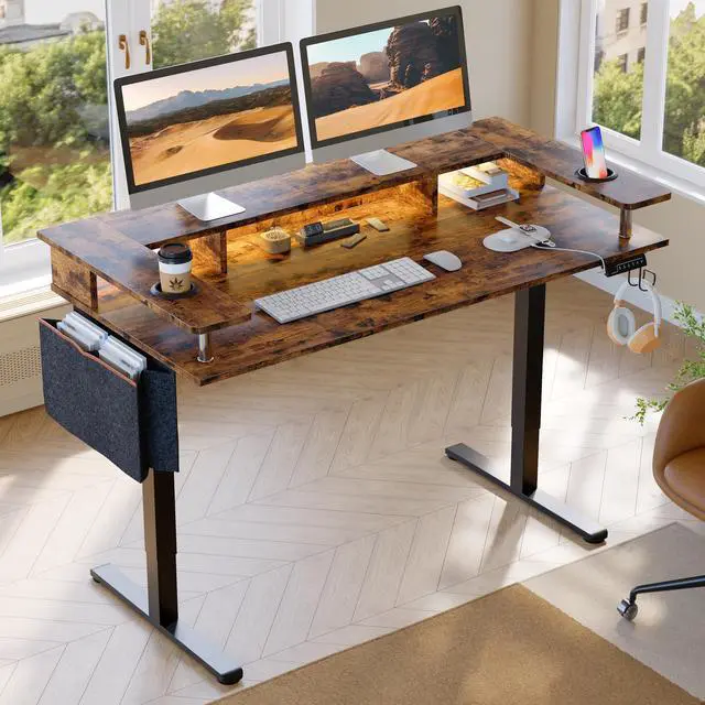 Main image of Bestier LED Electric Standing Desk Adjustable Height, 58x26 Inch Large Sit Stand Desk with Monitor Stand, Ergonomic Rising Desk for Home Office Workstation, Headphone Hook Storage Bag, Rustic Brown