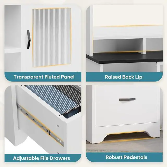 Alt view image 4 of 7 - Bestier Executive Desk with Hutch, 77.8" H Modern Wood Computer Desk with Drawers, Charging Station, LED Light, Fluted Storage Cabinet, Keyboard Tray, 59" W Office Desk for Home Office,  White