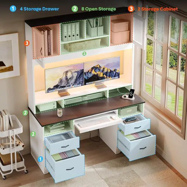 Alt view image 5 of 7 - Bestier Executive Desk with Hutch, 77.8" H Modern Wood Computer Desk with Drawers, Charging Station, LED Light, Fluted Storage Cabinet, Keyboard Tray, 59" W Office Desk for Home Office,  White