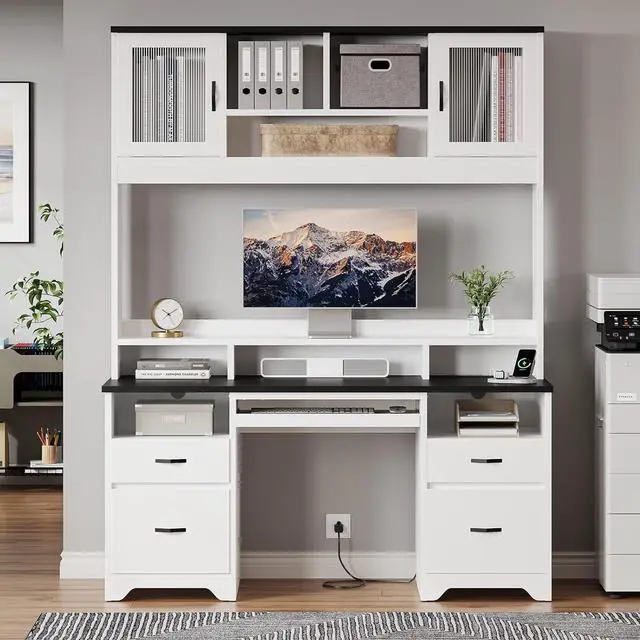 Alt view image 2 of 7 - Bestier Executive Desk with Hutch, 77.8" H Modern Wood Computer Desk with Drawers, Charging Station, LED Light, Fluted Storage Cabinet, Keyboard Tray, 59" W Office Desk for Home Office,  White