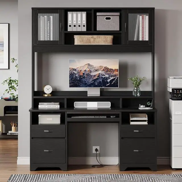 Alt view image 2 of 7 - Bestier Executive Desk with Hutch, 77.8" H Modern Wood Computer Desk with Drawers, Charging Station, LED Light, Fluted Storage Cabinet, Keyboard Tray, 59" W Office Desk for Home Office, Black