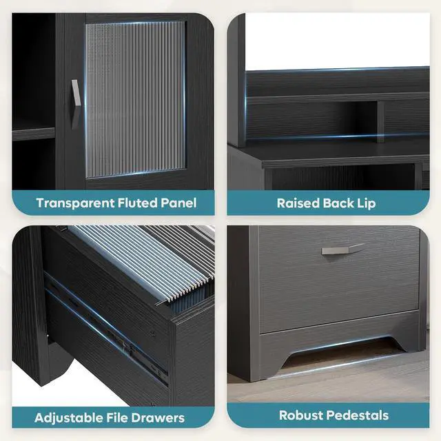 Alt view image 4 of 7 - Bestier Executive Desk with Hutch, 77.8" H Modern Wood Computer Desk with Drawers, Charging Station, LED Light, Fluted Storage Cabinet, Keyboard Tray, 59" W Office Desk for Home Office, Black