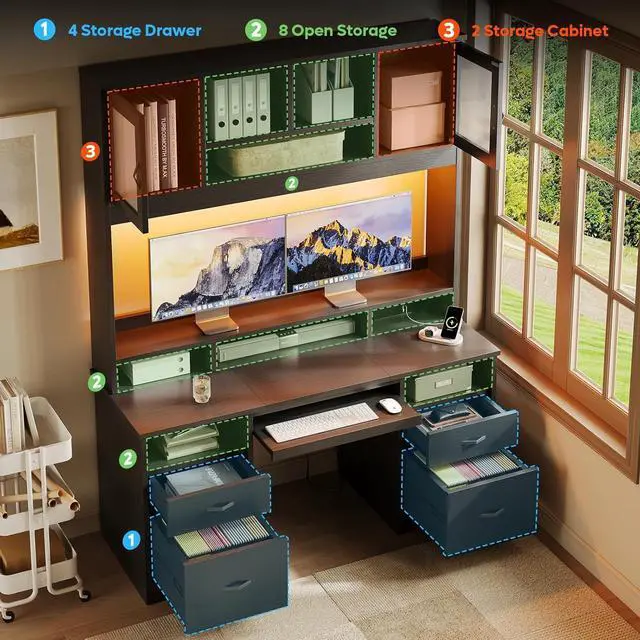 Alt view image 5 of 7 - Bestier Executive Desk with Hutch, 77.8" H Modern Wood Computer Desk with Drawers, Charging Station, LED Light, Fluted Storage Cabinet, Keyboard Tray, 59" W Office Desk for Home Office, Black