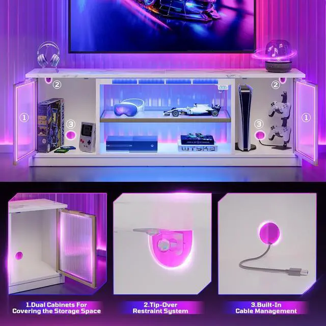 Alt view image 6 of 7 - Bestier Gaming TV Stand with Music Sync Light, Flow Vibe Entertainment Center with Storage for PS5 Xbox, RGB LED Party Modes Television Stands for 50/55/60/65 inch TV (White Marble, 57 inch)