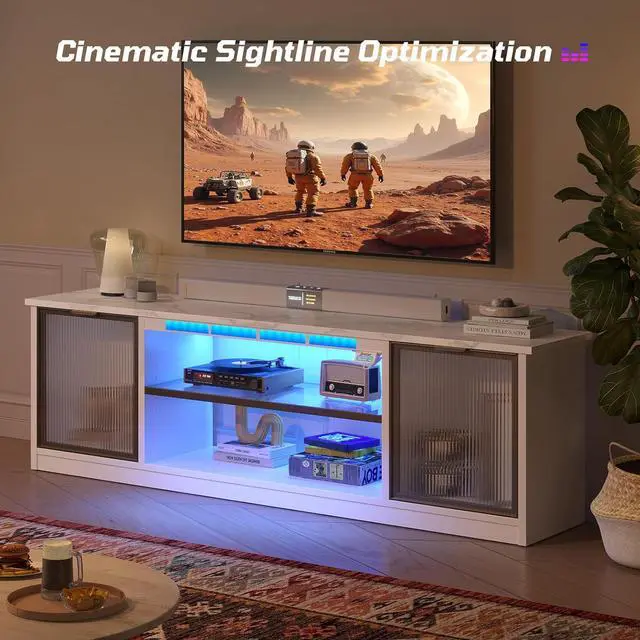 Alt view image 3 of 7 - Bestier Gaming TV Stand with Music Sync Light, Flow Vibe Entertainment Center with Storage for PS5 Xbox, RGB LED Party Modes Television Stands for 50/55/60/65 inch TV (White Marble, 57 inch)