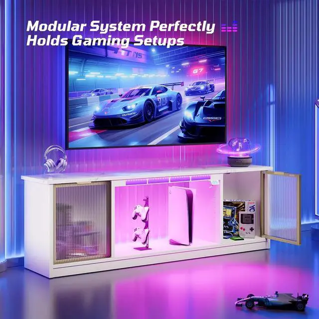 Alt view image 2 of 7 - Bestier Gaming TV Stand with Music Sync Light, Flow Vibe Entertainment Center with Storage for PS5 Xbox, RGB LED Party Modes Television Stands for 50/55/60/65 inch TV (White Marble, 57 inch)