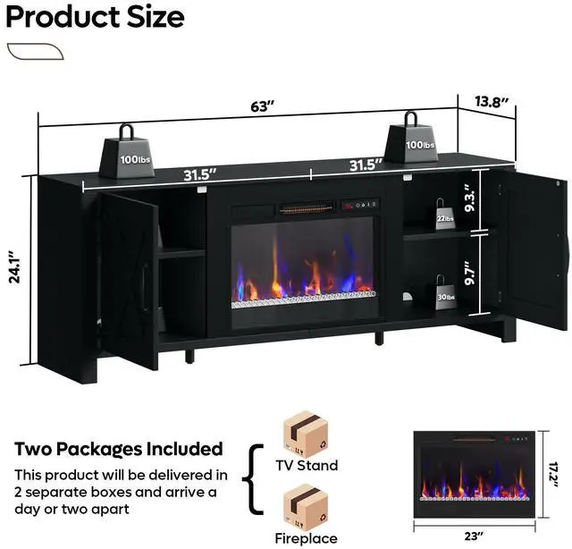 Alt view image 7 of 7 - Bestier 63" Fireplace TV Stand for TVs Up to 70", Farmhouse Barn Door Entertainment Center with Electric Heater, Storage Cabinets & Shelves, Remote Control Media Console for Living Room, Black
