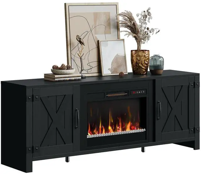 Alt view image 6 of 7 - Bestier 63" Fireplace TV Stand for TVs Up to 70", Farmhouse Barn Door Entertainment Center with Electric Heater, Storage Cabinets & Shelves, Remote Control Media Console for Living Room, Black