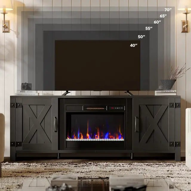 Alt view image 2 of 7 - Bestier 63" Fireplace TV Stand for TVs Up to 70", Farmhouse Barn Door Entertainment Center with Electric Heater, Storage Cabinets & Shelves, Remote Control Media Console for Living Room, Black