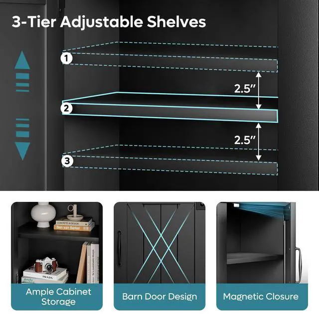 Alt view image 4 of 7 - Bestier 63" Fireplace TV Stand for TVs Up to 70", Farmhouse Barn Door Entertainment Center with Electric Heater, Storage Cabinets & Shelves, Remote Control Media Console for Living Room, Black