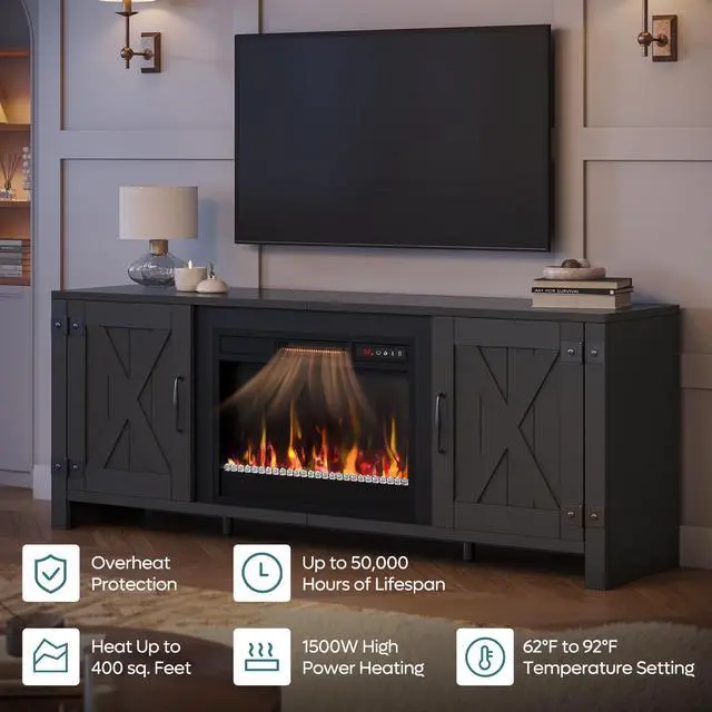 Alt view image 3 of 7 - Bestier 63" Fireplace TV Stand for TVs Up to 70", Farmhouse Barn Door Entertainment Center with Electric Heater, Storage Cabinets & Shelves, Remote Control Media Console for Living Room, Black
