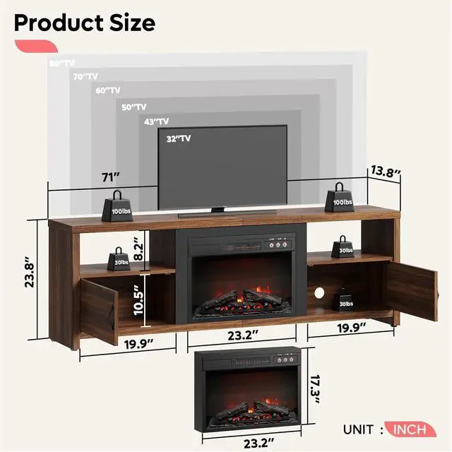 Alt view image 2 of 7 - Bestier 70" Electric Fireplace TV Stand for TVs Up to 80", Modern Fireplace Entertainment Center with Storage Cabinets, LED Lights, Open Shelves and Cable Holes for Living Room, Walnut