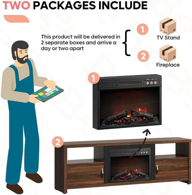 Alt view image 7 of 7 - Bestier 70" Electric Fireplace TV Stand for TVs Up to 80", Modern Fireplace Entertainment Center with Storage Cabinets, LED Lights, Open Shelves and Cable Holes for Living Room, Walnut