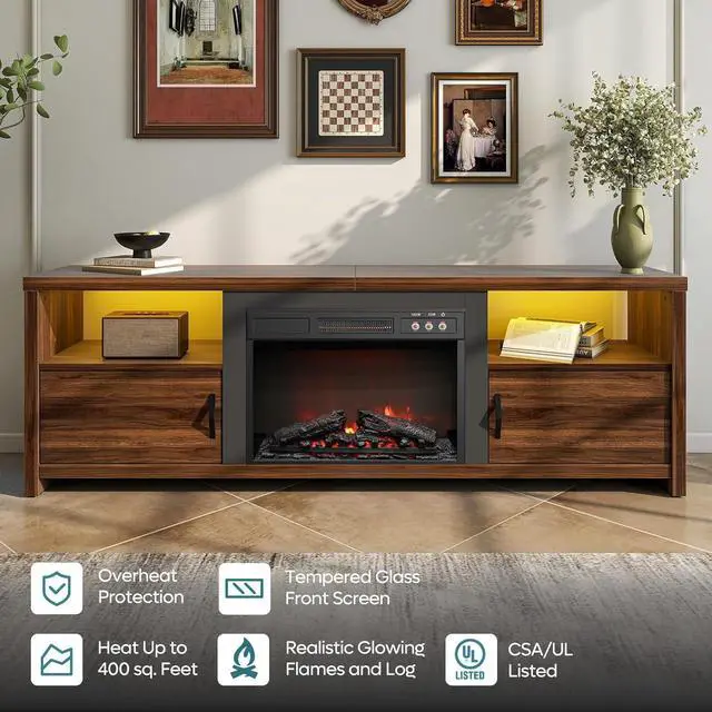 Alt view image 3 of 7 - Bestier 70" Electric Fireplace TV Stand for TVs Up to 80", Modern Fireplace Entertainment Center with Storage Cabinets, LED Lights, Open Shelves and Cable Holes for Living Room, Walnut