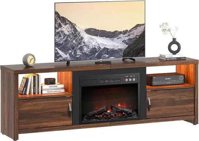 Alt view image 6 of 7 - Bestier 70" Electric Fireplace TV Stand for TVs Up to 80", Modern Fireplace Entertainment Center with Storage Cabinets, LED Lights, Open Shelves and Cable Holes for Living Room, Walnut