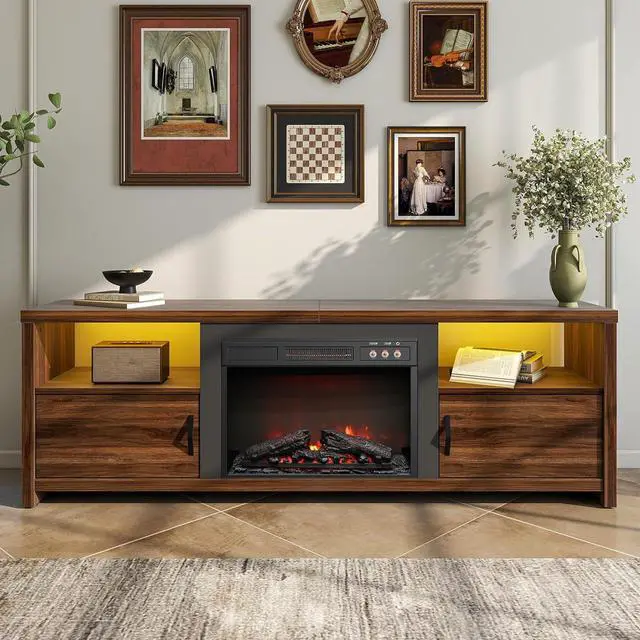 Main image of Bestier 70" Electric Fireplace TV Stand for TVs Up to 80", Modern Fireplace Entertainment Center with Storage Cabinets, LED Lights, Open Shelves and Cable Holes for Living Room, Walnut