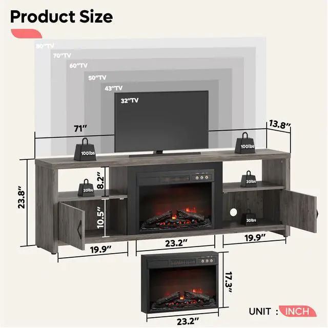 Alt view image 2 of 7 - Bestier 70" Electric Fireplace TV Stand for TVs Up to 80", Modern Fireplace Entertainment Center with Storage Cabinets, LED Lights, Open Shelves and Cable Holes for Living Room, Grey