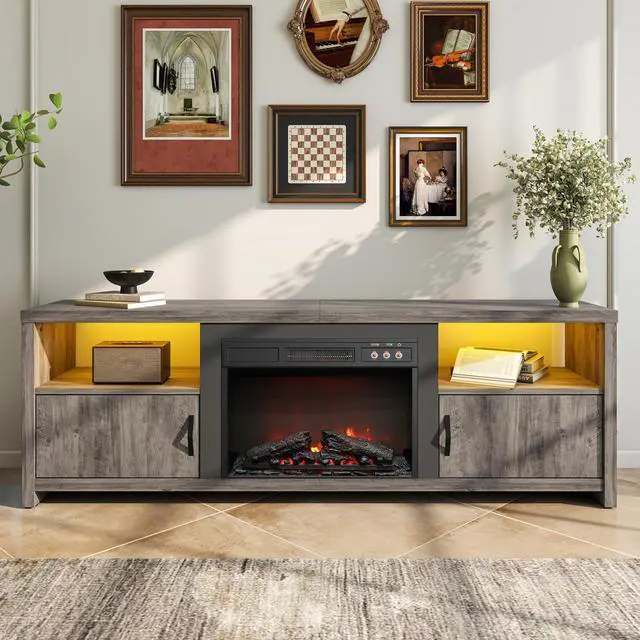 Main image of Bestier 70" Electric Fireplace TV Stand for TVs Up to 80", Modern Fireplace Entertainment Center with Storage Cabinets, LED Lights, Open Shelves and Cable Holes for Living Room, Grey