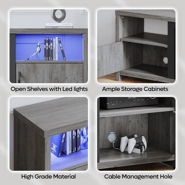 Alt view image 4 of 7 - Bestier 70" Electric Fireplace TV Stand for TVs Up to 80", Modern Fireplace Entertainment Center with Storage Cabinets, LED Lights, Open Shelves and Cable Holes for Living Room, Grey