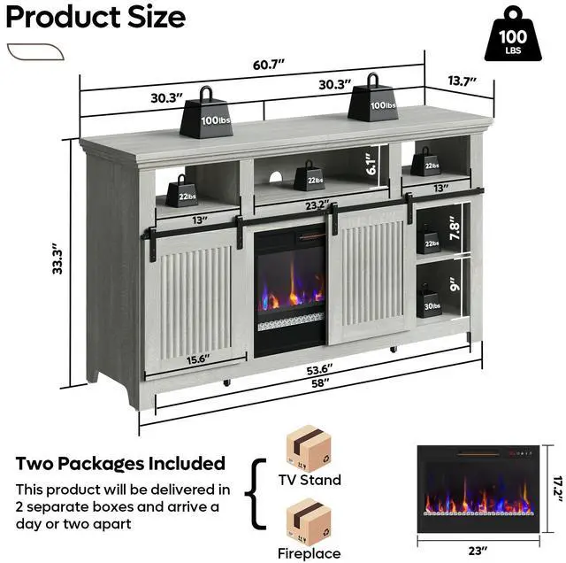 Alt view image 7 of 7 - Bestier 60" Farmhouse Fireplace TV Stand for 65" TVs, Sliding Barn Door Entertainment Center with Electric Fireplace Heater, Adjustable Shelves & Storage Cabinets for Living Room, Wash White