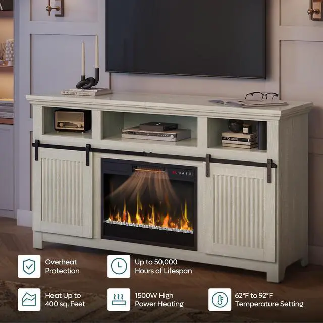 Alt view image 4 of 7 - Bestier 60" Farmhouse Fireplace TV Stand for 65" TVs, Sliding Barn Door Entertainment Center with Electric Fireplace Heater, Adjustable Shelves & Storage Cabinets for Living Room, Wash White