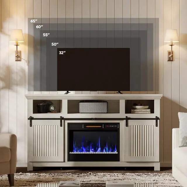 Alt view image 3 of 7 - Bestier 60" Farmhouse Fireplace TV Stand for 65" TVs, Sliding Barn Door Entertainment Center with Electric Fireplace Heater, Adjustable Shelves & Storage Cabinets for Living Room, Wash White