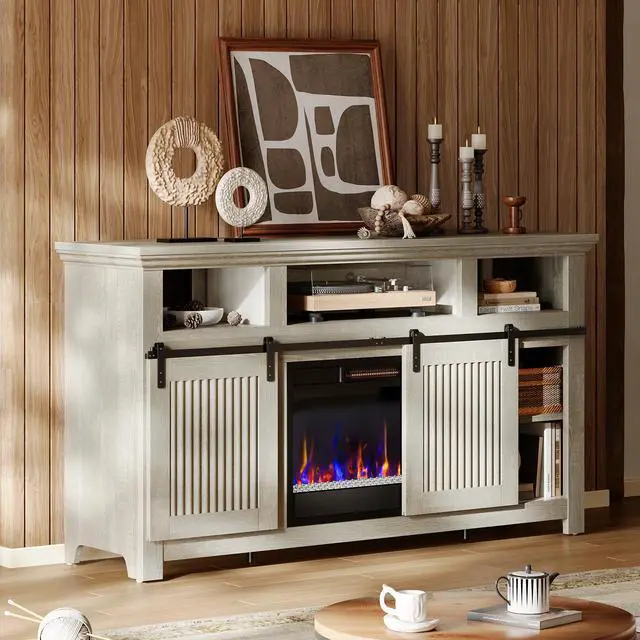 Alt view image 2 of 7 - Bestier 60" Farmhouse Fireplace TV Stand for 65" TVs, Sliding Barn Door Entertainment Center with Electric Fireplace Heater, Adjustable Shelves & Storage Cabinets for Living Room, Wash White