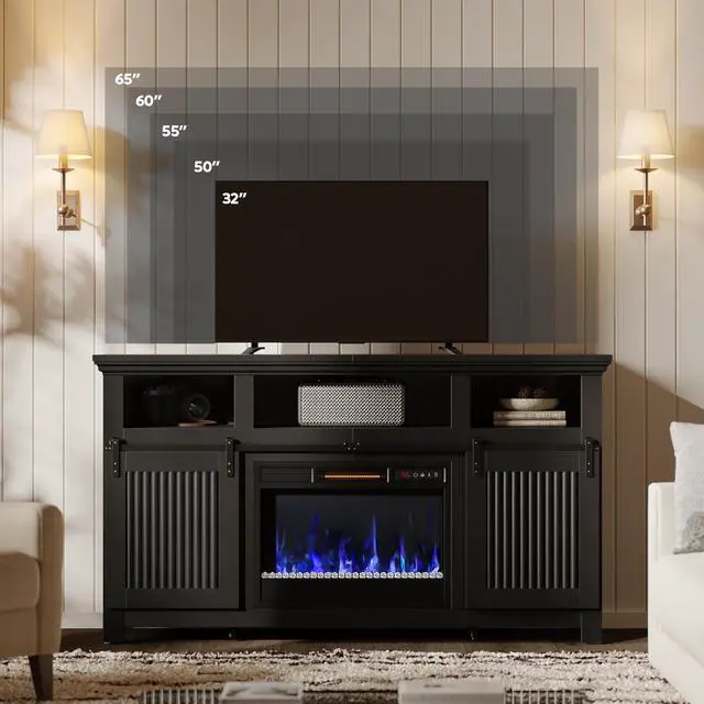Alt view image 2 of 7 - Bestier 60" Farmhouse Fireplace TV Stand for 65" TVs, Sliding Barn Door Entertainment Center with Electric Fireplace Heater, Adjustable Shelves & Storage Cabinets for Living Room,  Black