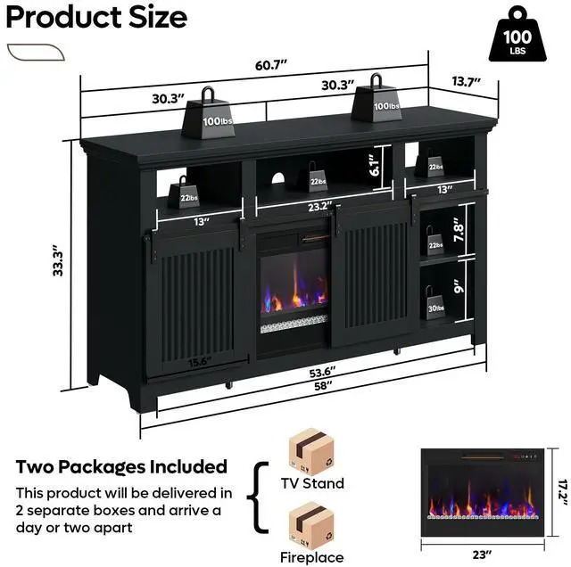 Alt view image 7 of 7 - Bestier 60" Farmhouse Fireplace TV Stand for 65" TVs, Sliding Barn Door Entertainment Center with Electric Fireplace Heater, Adjustable Shelves & Storage Cabinets for Living Room,  Black