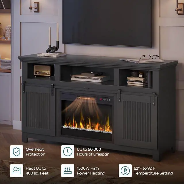 Alt view image 4 of 7 - Bestier 60" Farmhouse Fireplace TV Stand for 65" TVs, Sliding Barn Door Entertainment Center with Electric Fireplace Heater, Adjustable Shelves & Storage Cabinets for Living Room,  Black