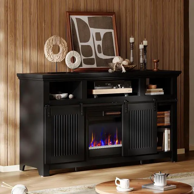 Alt view image 3 of 7 - Bestier 60" Farmhouse Fireplace TV Stand for 65" TVs, Sliding Barn Door Entertainment Center with Electric Fireplace Heater, Adjustable Shelves & Storage Cabinets for Living Room,  Black