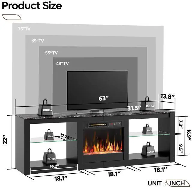 Alt view image 2 of 7 - Bestier 63 Inch Fireplace TV Stand with 36" Fireplace Media Entertainment Center Console Table for TV up to 70" with Cabinets and Open Storage for PS5 Home Theater, Black