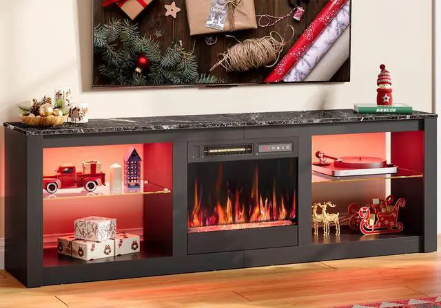 Alt view image 6 of 7 - Bestier 63 Inch Fireplace TV Stand with 36" Fireplace Media Entertainment Center Console Table for TV up to 70" with Cabinets and Open Storage for PS5 Home Theater, Black