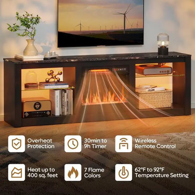 Alt view image 3 of 7 - Bestier 63 Inch Fireplace TV Stand with 36" Fireplace Media Entertainment Center Console Table for TV up to 70" with Cabinets and Open Storage for PS5 Home Theater, Black