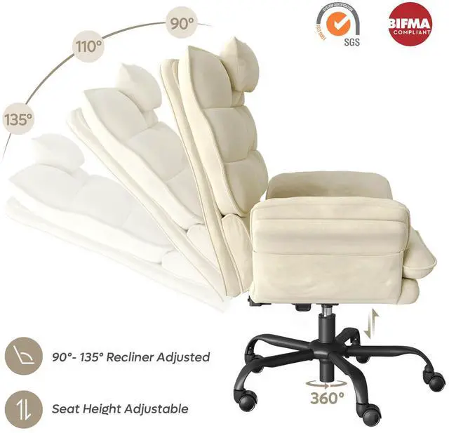 Alt view image 4 of 7 - Bestier Big and Tall Executive Office Chair with Flip-Up Arms for Adults, Adjustable Height, Reclining Office Chair with Headrest & Side Pockets in Beige