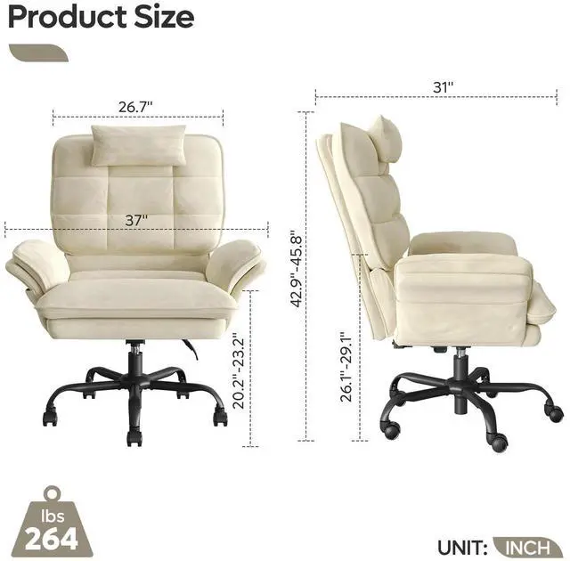 Alt view image 6 of 7 - Bestier Big and Tall Executive Office Chair with Flip-Up Arms for Adults, Adjustable Height, Reclining Office Chair with Headrest & Side Pockets in Beige