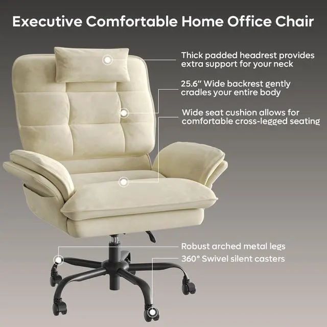Alt view image 2 of 7 - Bestier Big and Tall Executive Office Chair with Flip-Up Arms for Adults, Adjustable Height, Reclining Office Chair with Headrest & Side Pockets in Beige