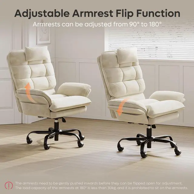 Alt view image 5 of 7 - Bestier Big and Tall Executive Office Chair with Flip-Up Arms for Adults, Adjustable Height, Reclining Office Chair with Headrest & Side Pockets in Beige