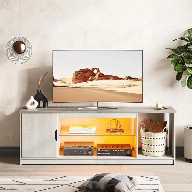 Alt view image 3 of 7 - Bestier 58" LED TV Stand with Glass Shelf & Storage Cabinet, Gaming Entertainment Center for PS5, Fits up to 65 Inch TV, Wash Grey