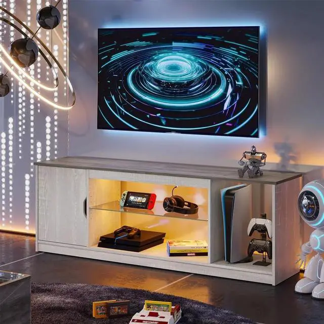 Alt view image 2 of 7 - Bestier 58" LED TV Stand with Glass Shelf & Storage Cabinet, Gaming Entertainment Center for PS5, Fits up to 65 Inch TV, Wash Grey