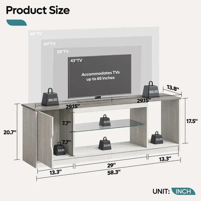 Alt view image 7 of 7 - Bestier 58" LED TV Stand with Glass Shelf & Storage Cabinet, Gaming Entertainment Center for PS5, Fits up to 65 Inch TV, Wash Grey